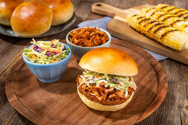 Pulled BBQ Jackfruit, Broccoli Slaw Burgers