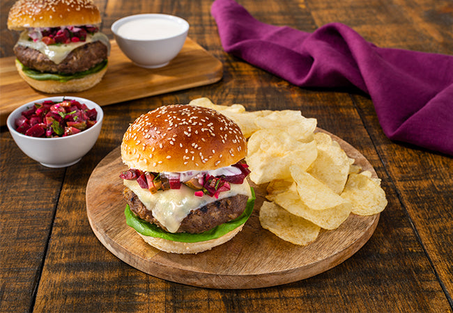 Juicy White Cheddar Burgers with Beet Relish and Horseradish Mayo