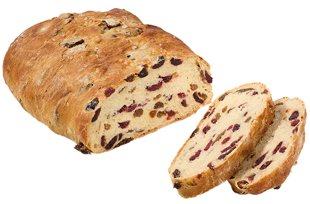 Focaiccia Cranberry Raisin. Rich focaccia filled with cranberries and raisins. The crisp, golden crust is dusted with turbinado sugar. 7.75" x 5.75".